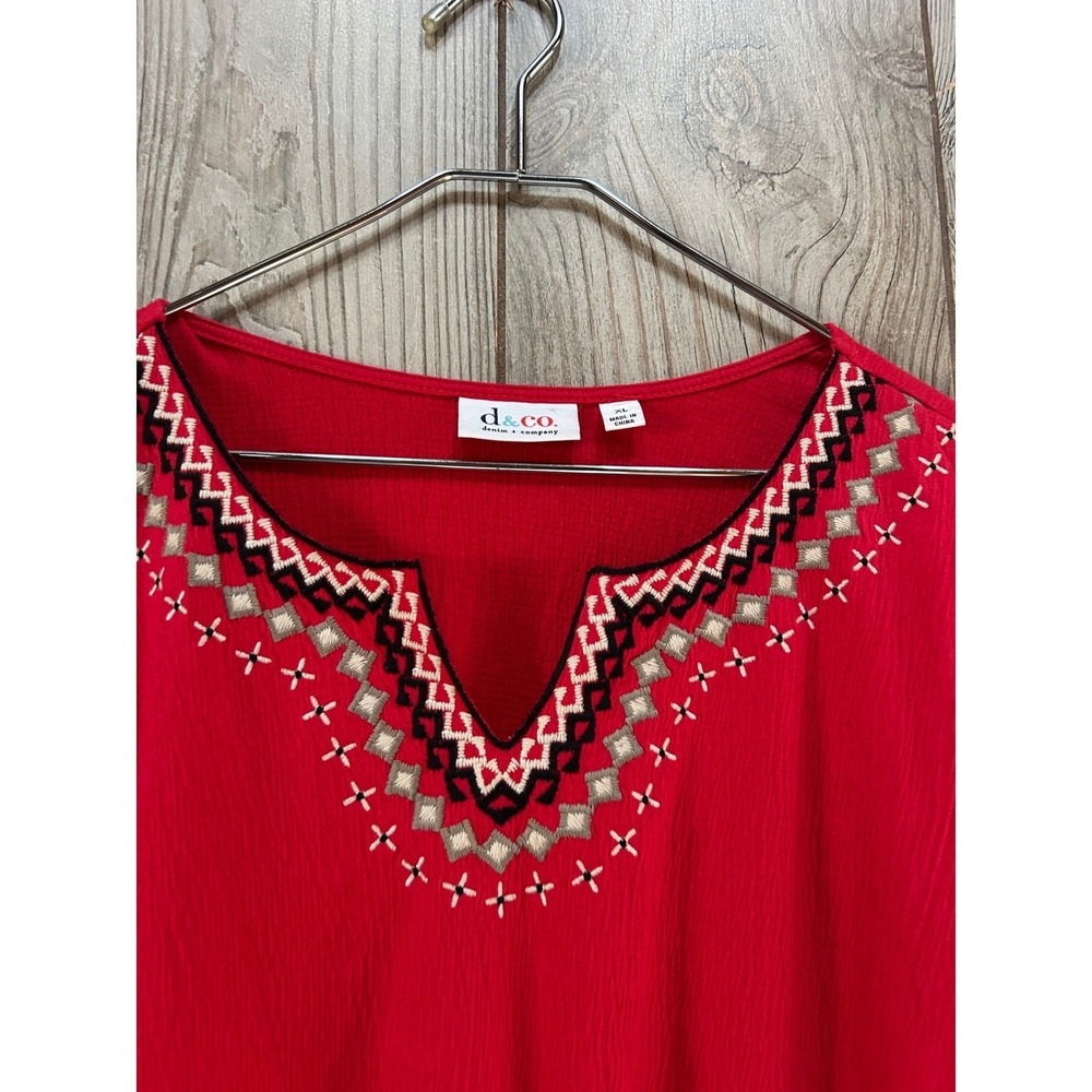 Denim & Co Womens XL Red Embroidered Split Neck 3/4 Sleeve Gauze Tunic Top - Picture 5 of 7